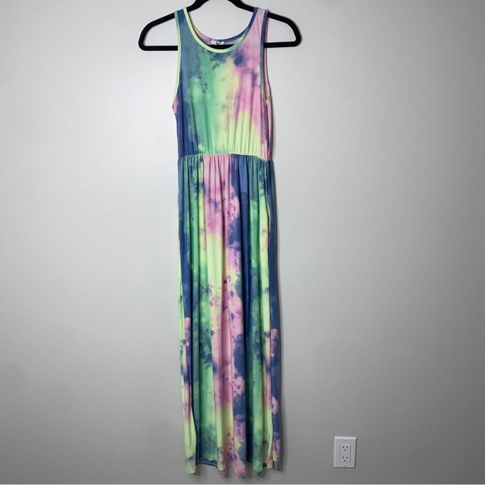 Summer Tie Dye Sleeveless Tank Maxi Dress with Pockets Medium